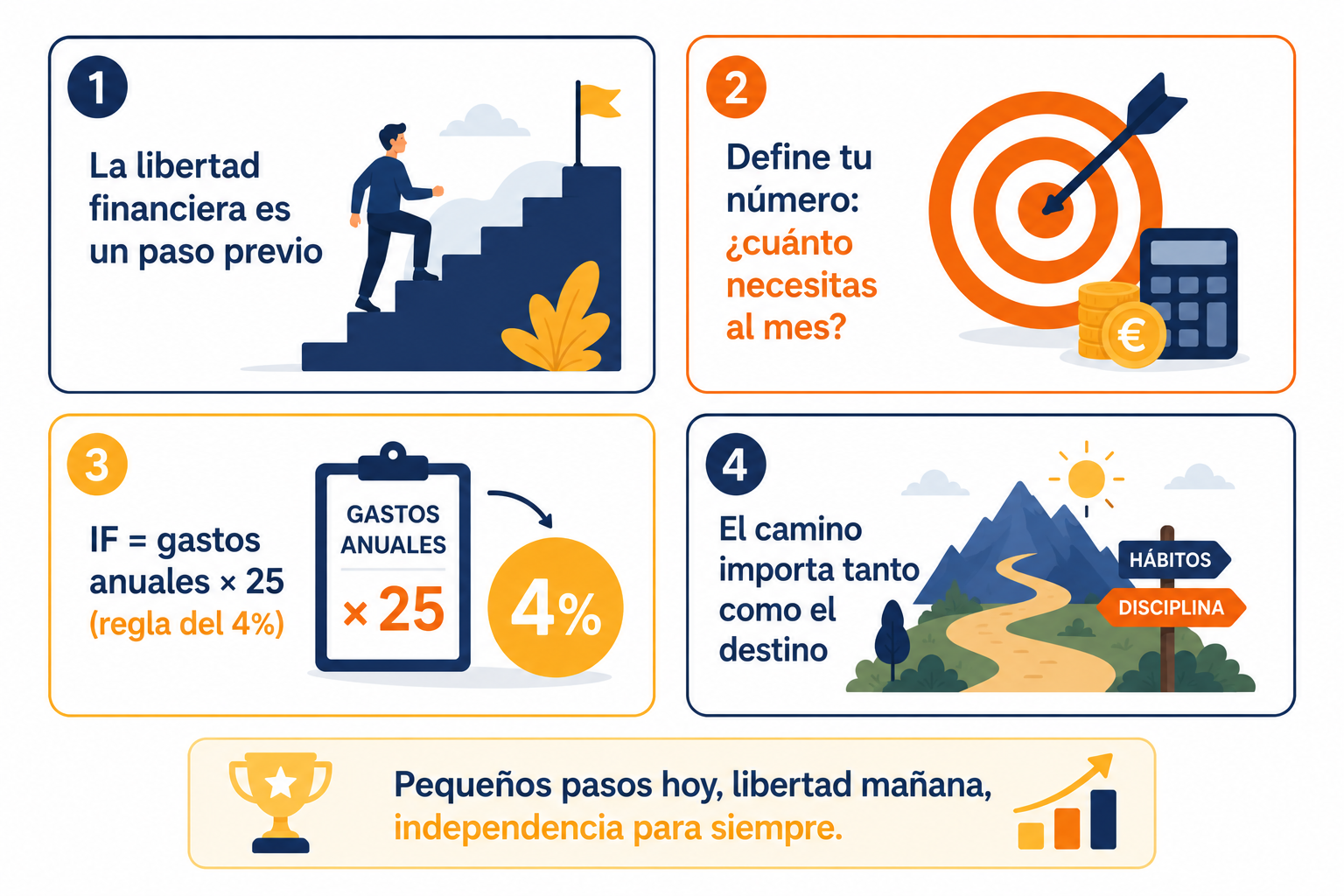 Infografía resumen sobre el camino hacia la libertad financiera y la independencia financiera