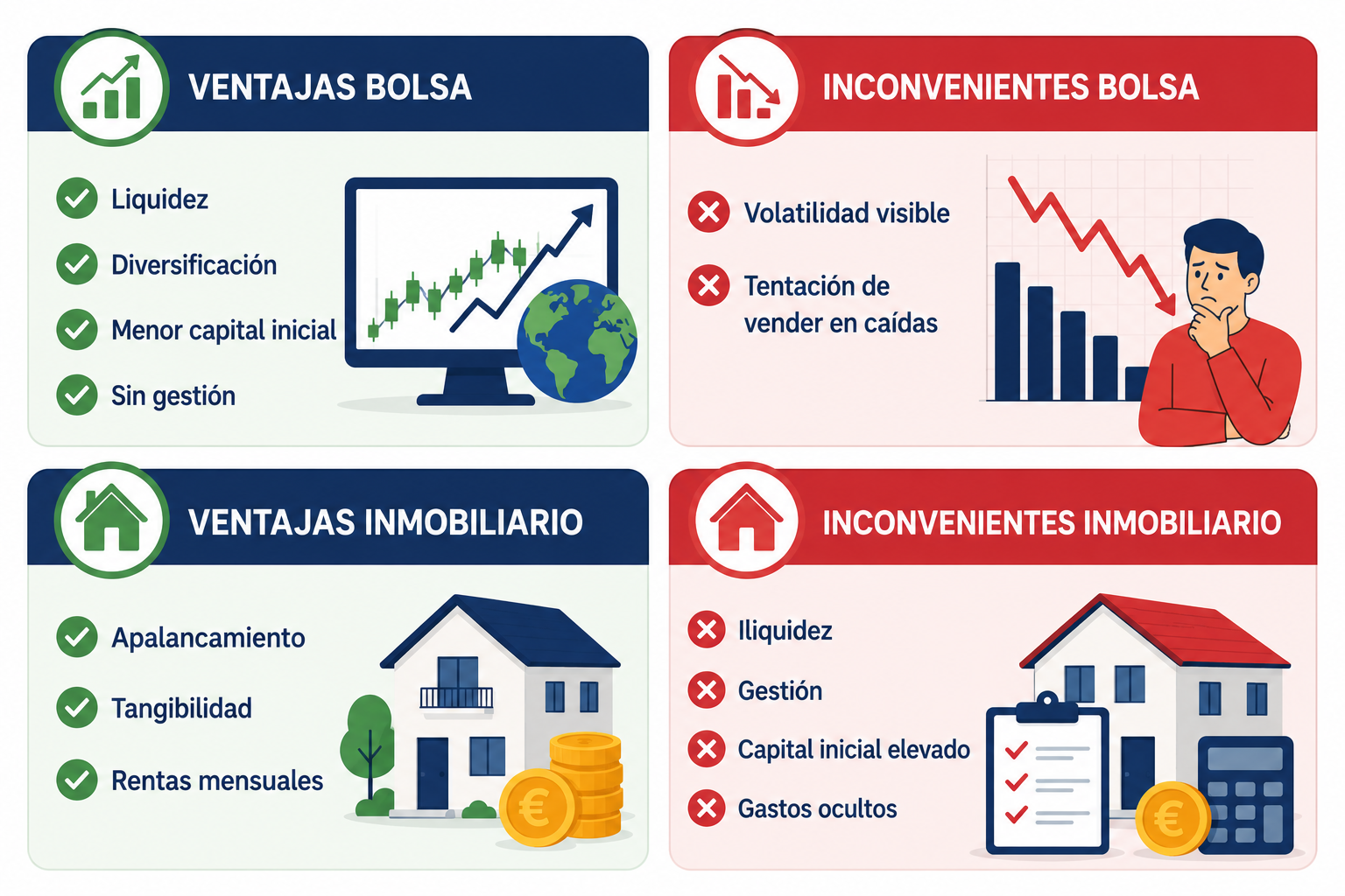 Infografía con las ventajas e inconvenientes de la bolsa frente a la inversión inmobiliaria