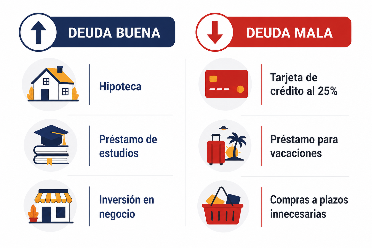 Comparativa entre deuda buena y deuda mala con ejemplos