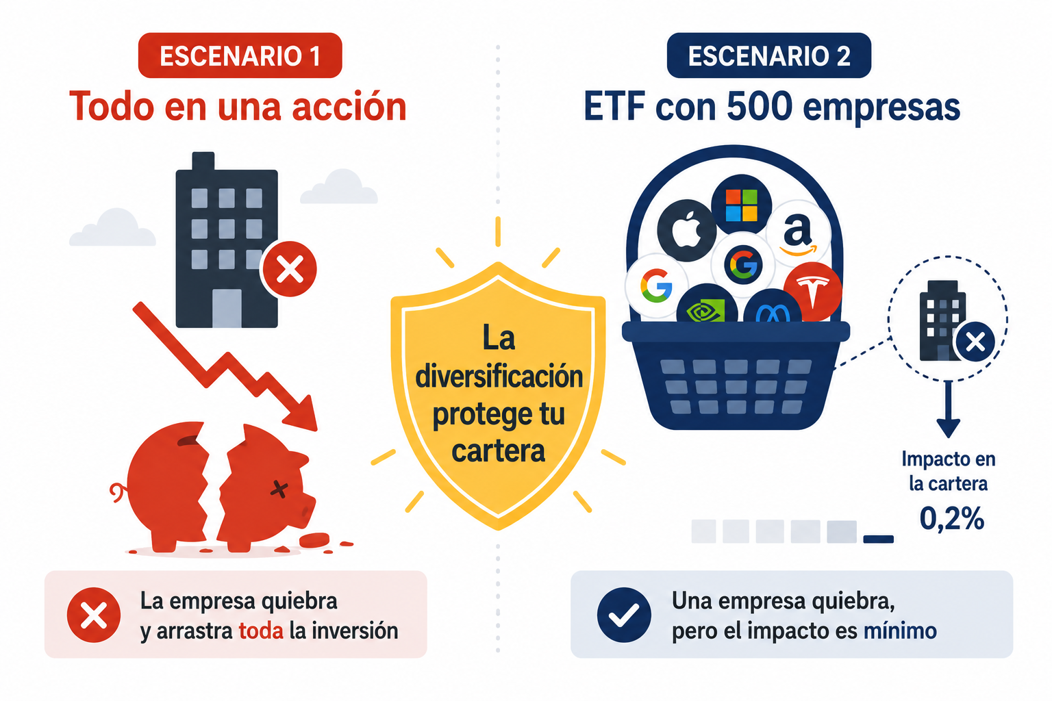 Infografía comparando el riesgo de invertir en una acción vs un ETF diversificado