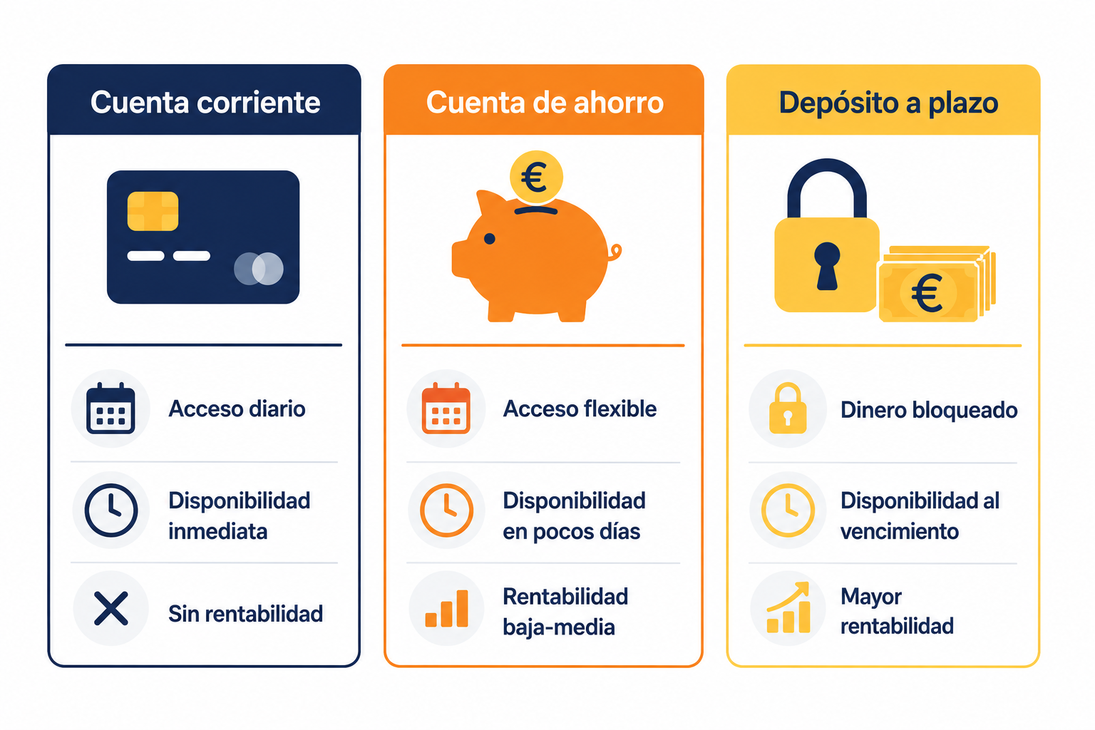 Comparativa entre cuenta corriente, cuenta de ahorro y depósito a plazo