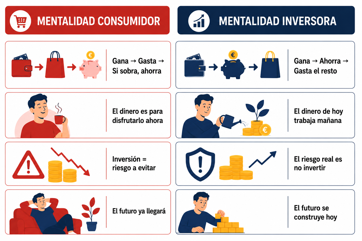 Infografía comparativa entre la mentalidad consumidor y la mentalidad inversora