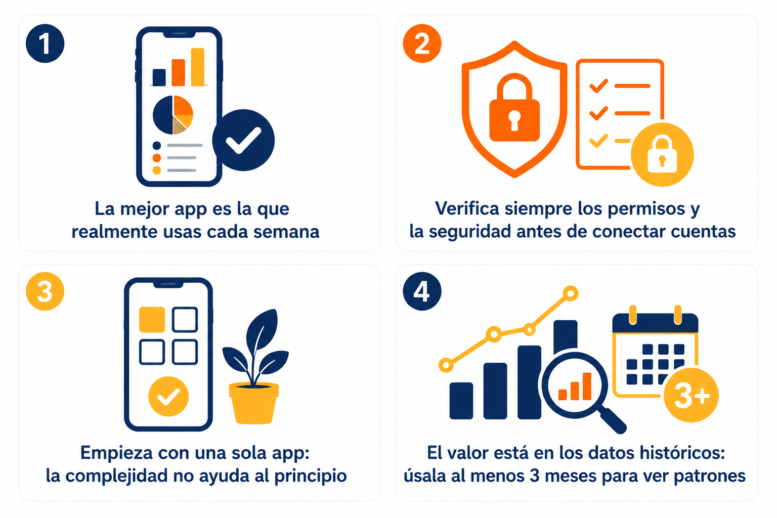 Infografía resumen con los consejos clave para elegir y usar bien una app de finanzas personales