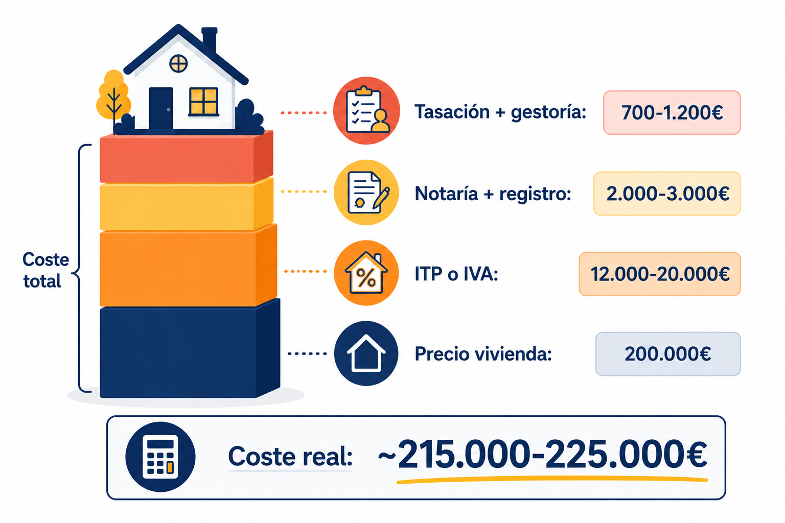 Infografía con el desglose del coste total real de comprar una vivienda de 200.000 euros en España