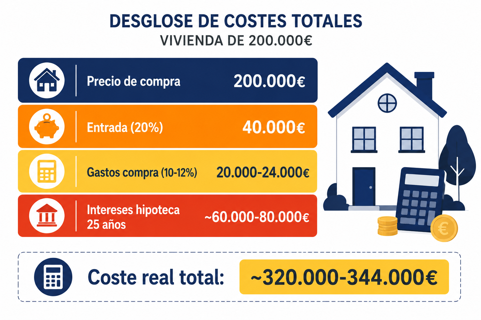 Infografía con el desglose del coste real de comprar una vivienda de 200.000 euros