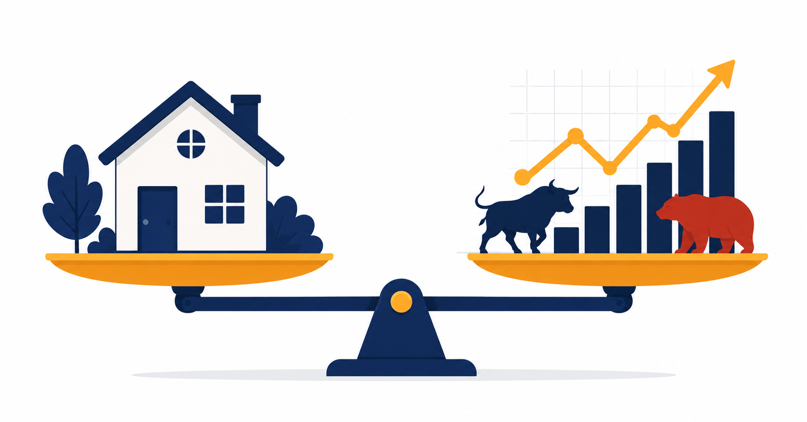 Ilustración comparativa entre inversión inmobiliaria y bolsa como dos opciones de inversión a largo plazo