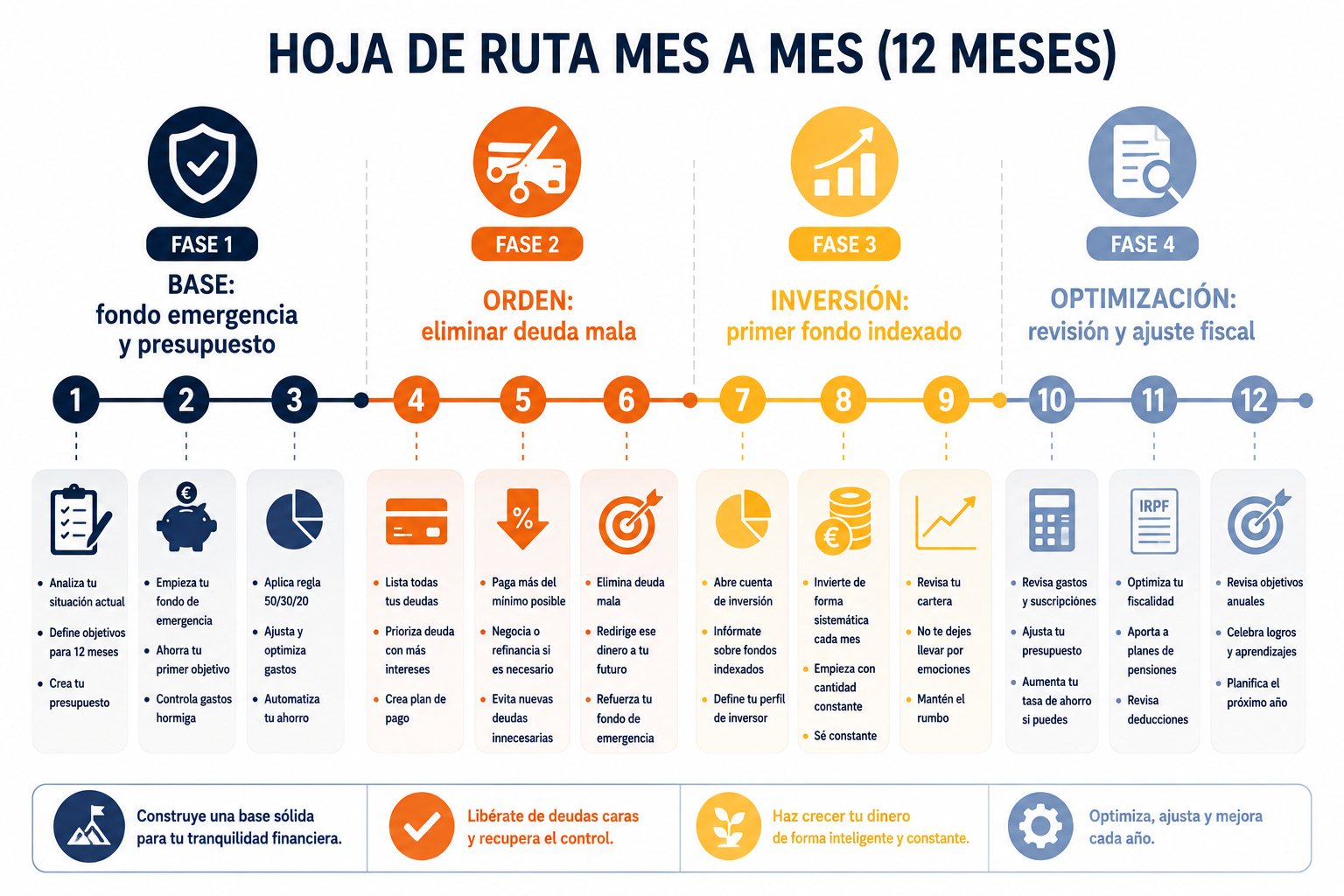 Infografía con la hoja de ruta financiera mes a mes para los 12 meses del plan financiero personal