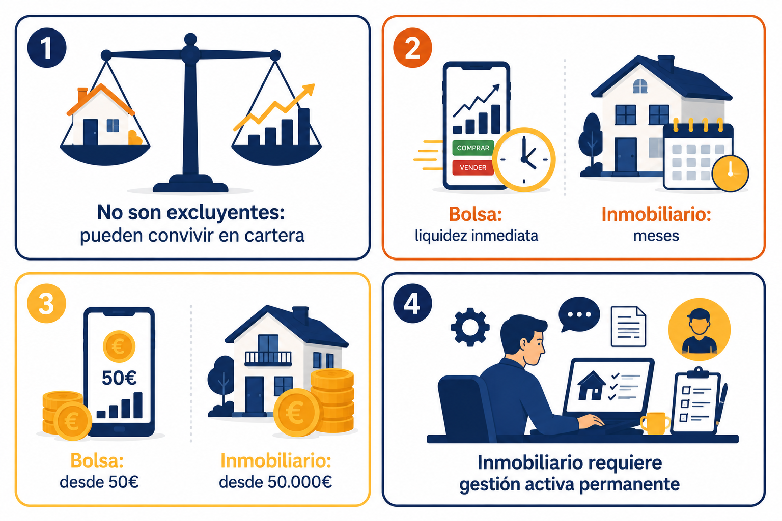 Infografía resumen sobre la comparativa entre inversión inmobiliaria y bolsa con números reales
