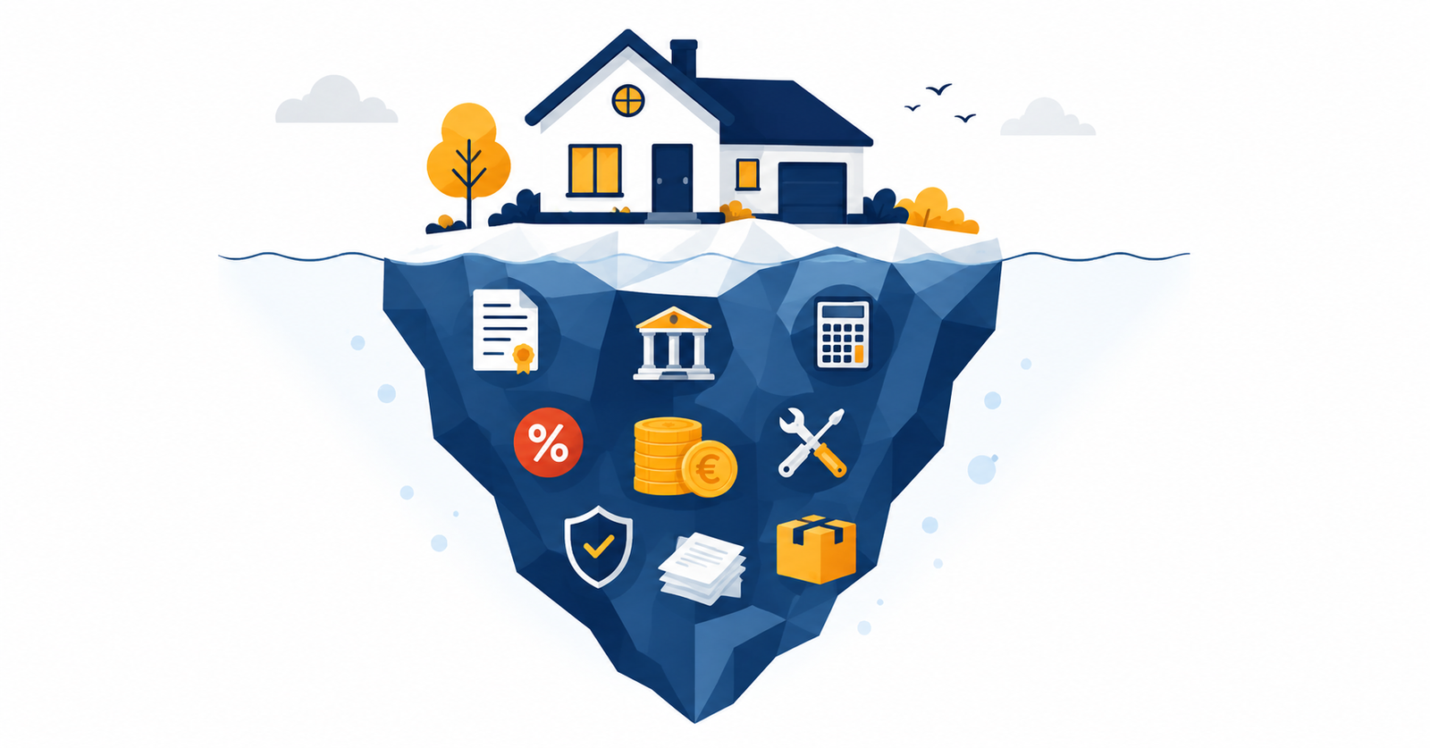 Ilustración del iceberg de gastos ocultos al comprar una vivienda: precio visible y costes sumergidos