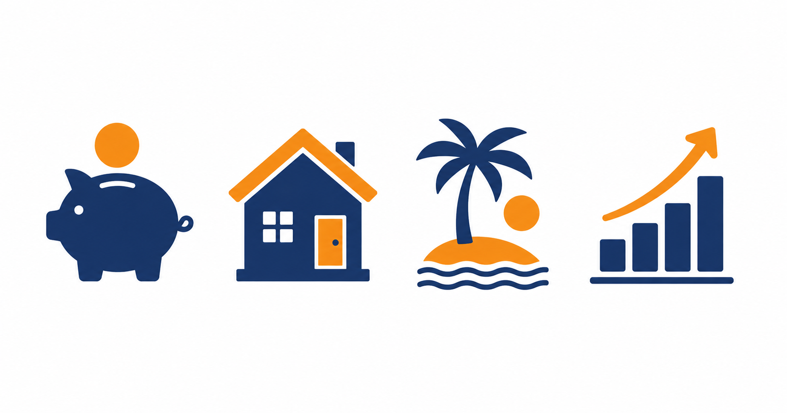 Ilustración minimalista de objetivos financieros: una hucha, una casa, una palmera de jubilación y un gráfico de crecimiento