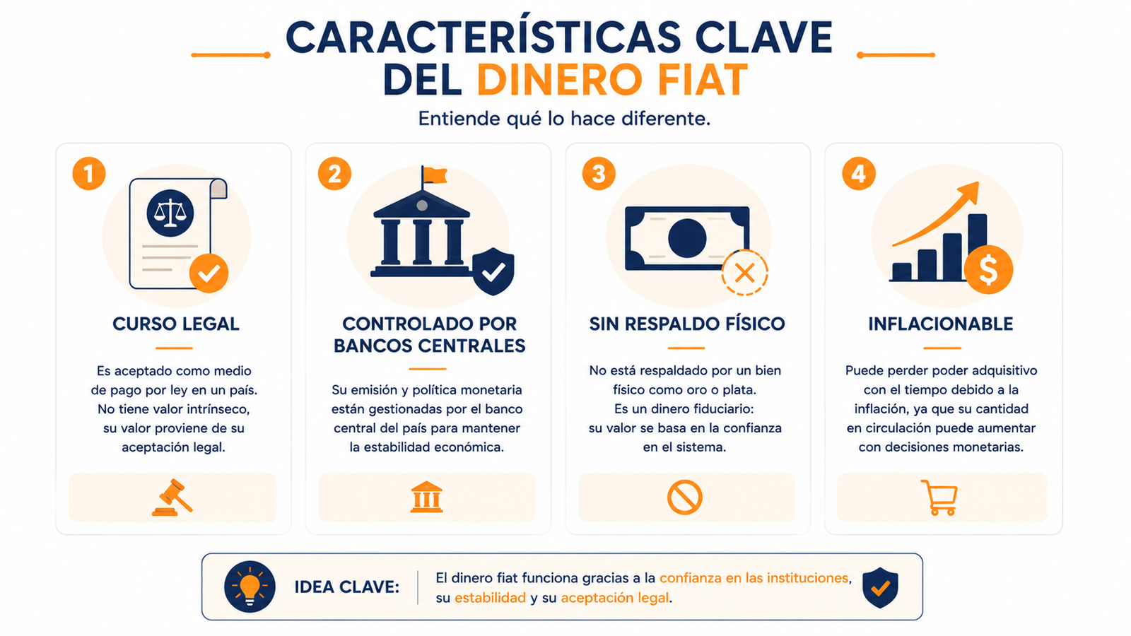 Infografía resumen con las características del dinero fiat