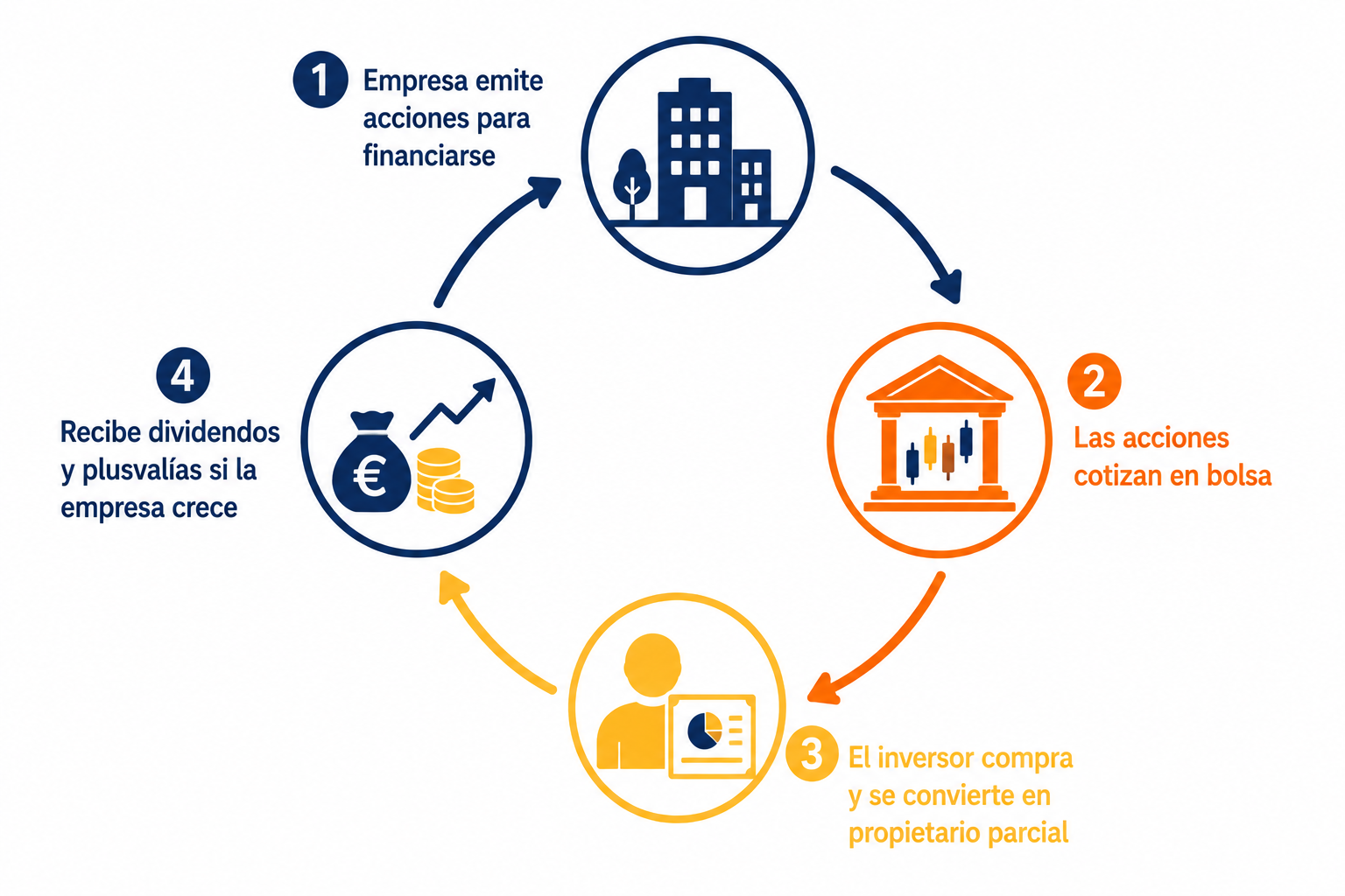 Infografía con el ciclo completo de cómo funciona una acción desde la empresa hasta el inversor