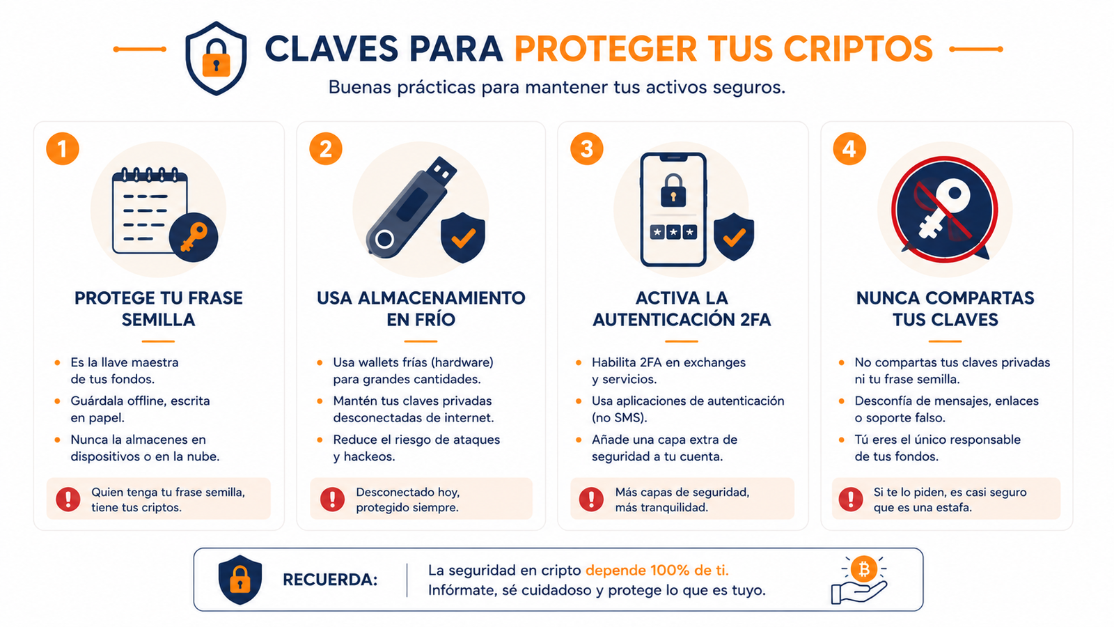Infografía resumen con las claves para proteger tus criptomonedas en un wallet
