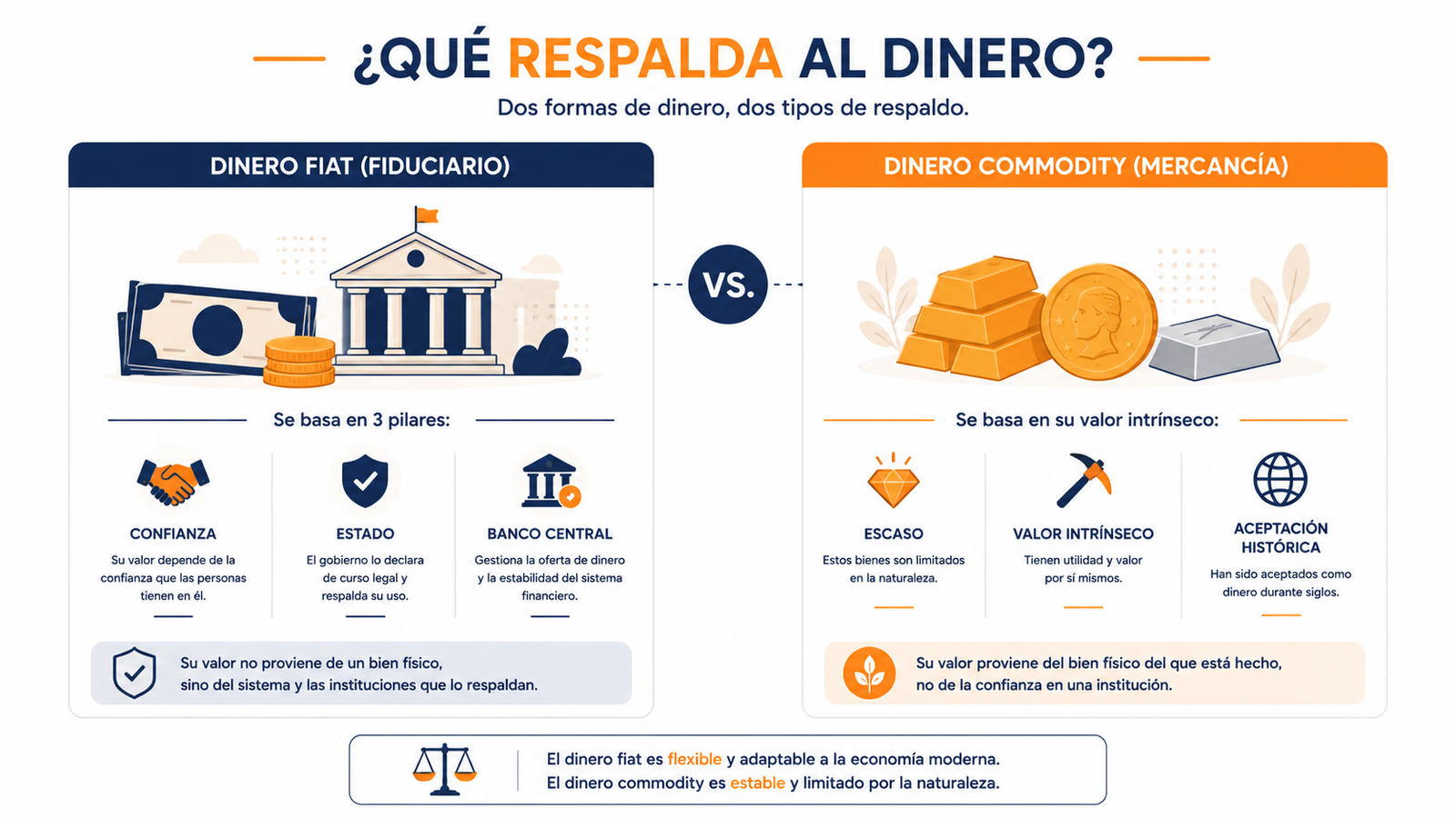 Infografía comparando el dinero fiat con el dinero mercancía respaldado por oro