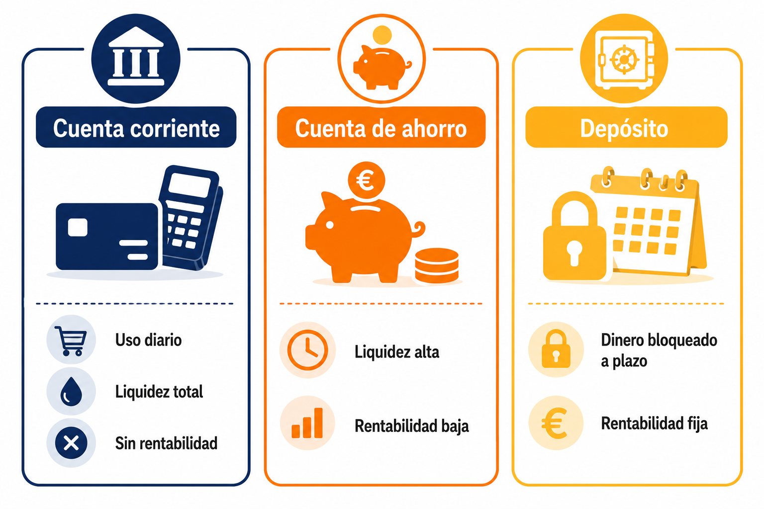 Infografía comparativa entre cuenta corriente, cuenta de ahorro y depósito a plazo