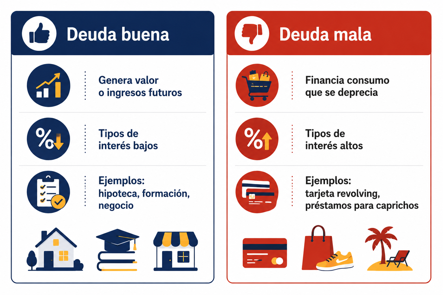 Infografía comparativa entre deuda buena vs deuda mala con ejemplos de cada tipo