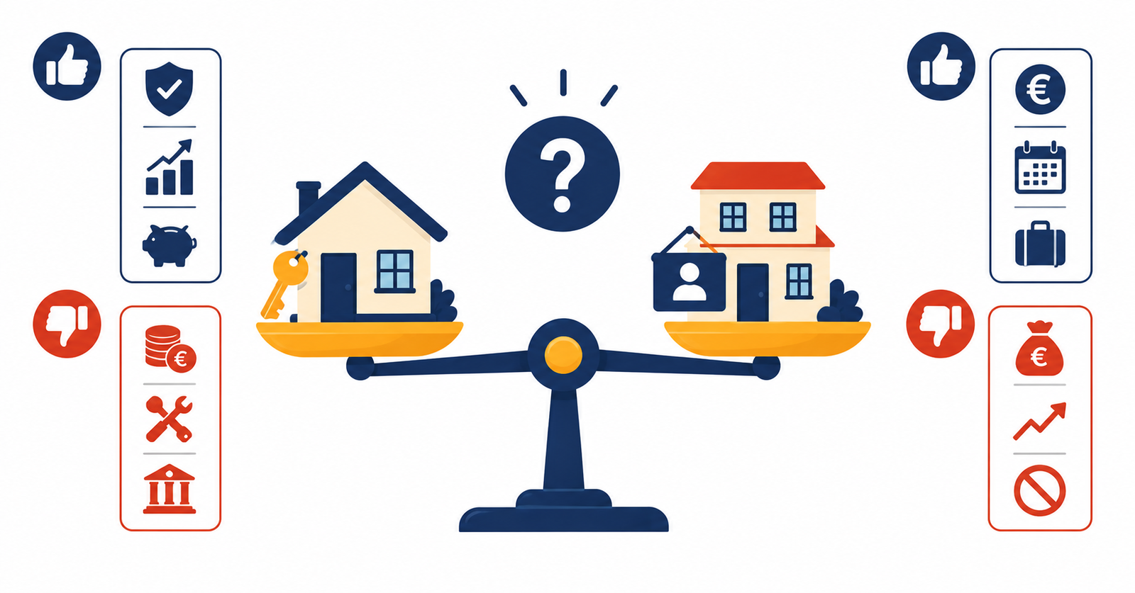 Ilustración sobre la decisión de alquilar o comprar vivienda y sus pros y contras