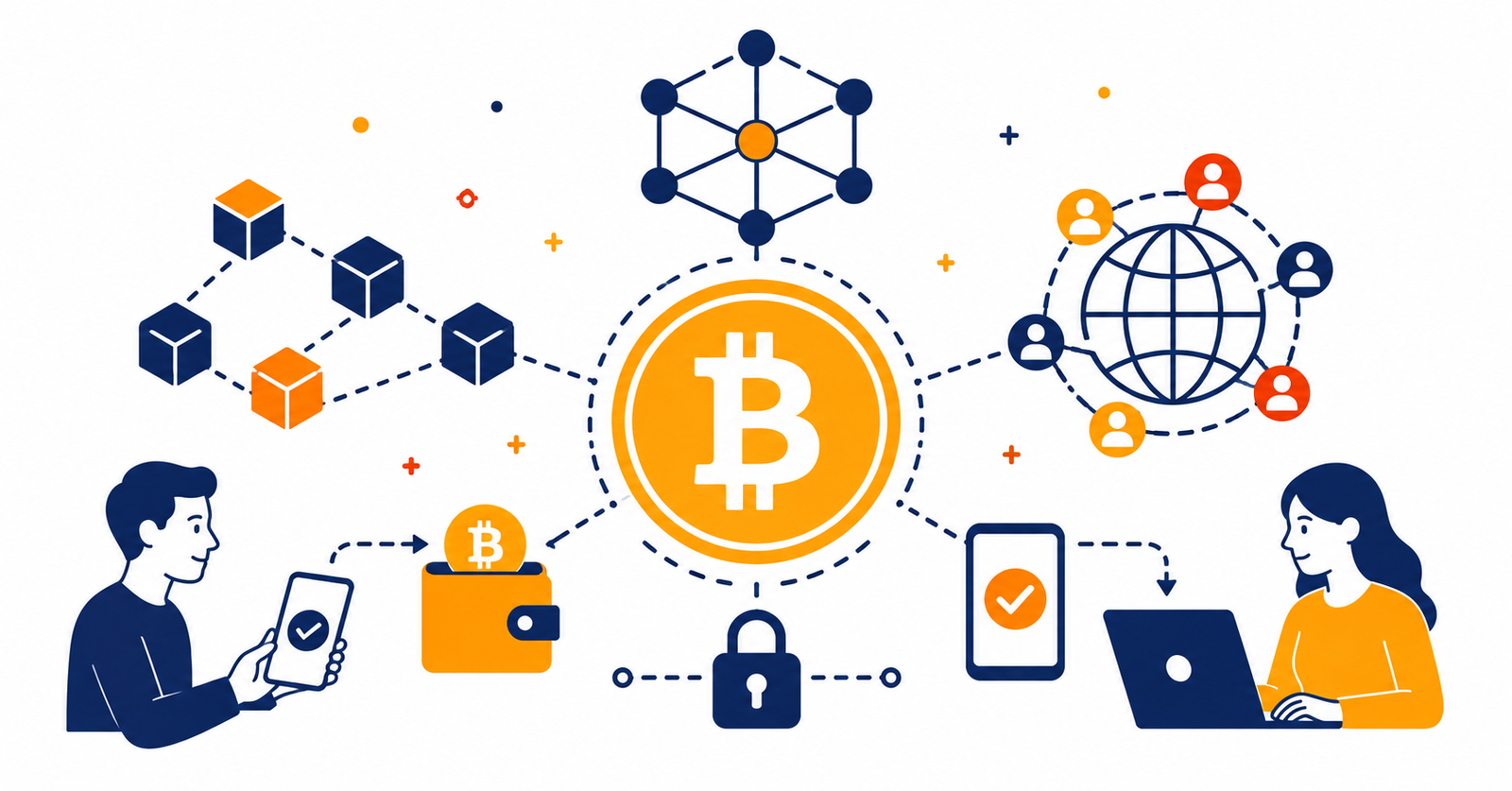 Ilustración sobre qué es Bitcoin y cómo funciona la tecnología blockchain de forma accesible