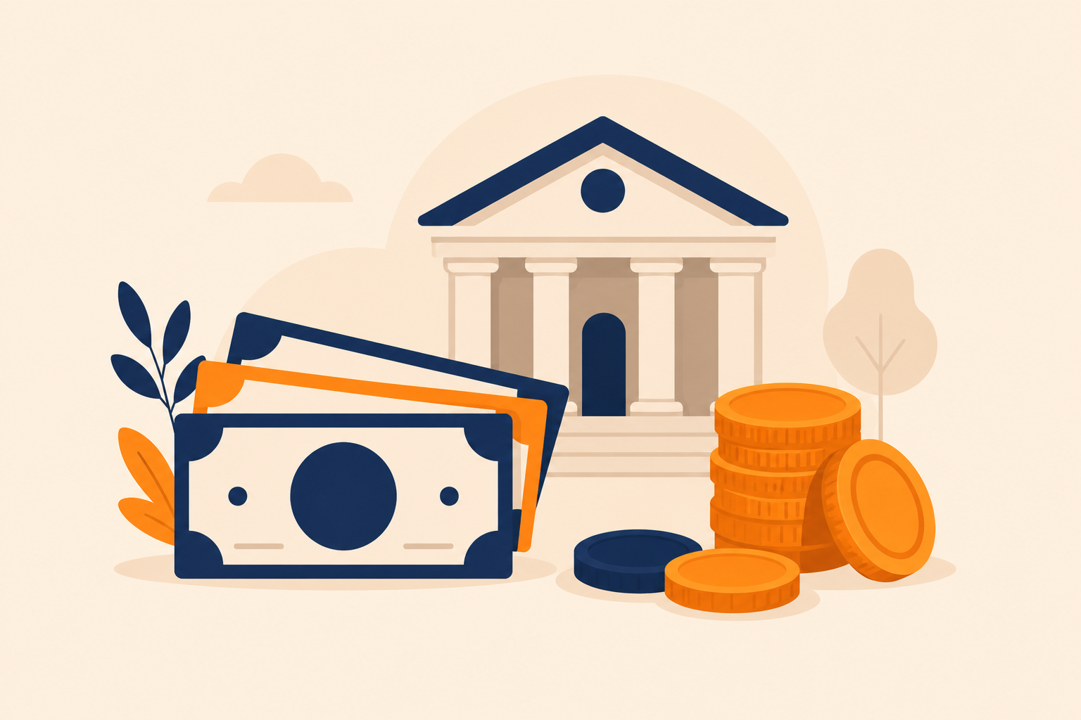 Ilustración sobre qué es el dinero fiat con monedas y billetes modernos