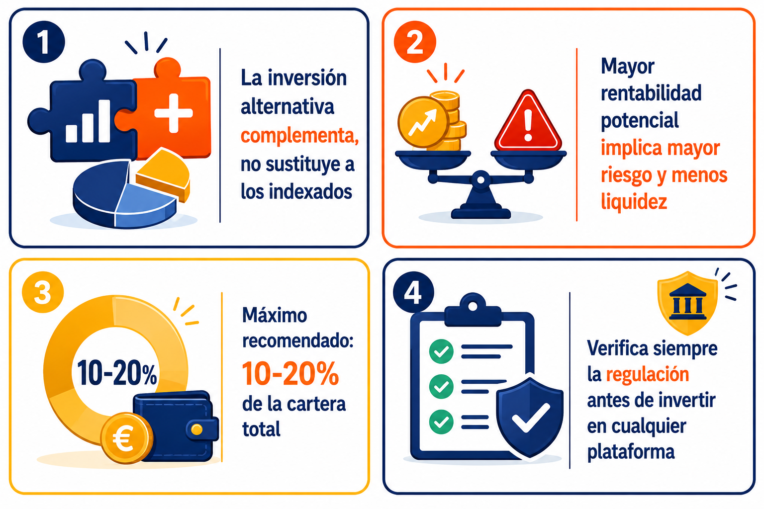Infografía resumen sobre inversión alternativa: cuánto asignar, riesgos y cómo acceder desde España