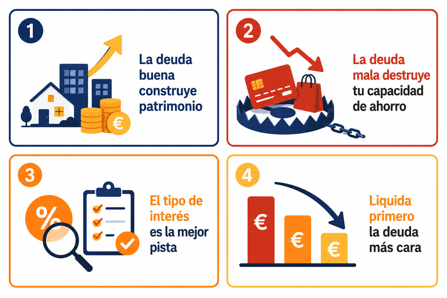 Infografía resumen con los consejos clave para distinguir deuda buena vs deuda mala