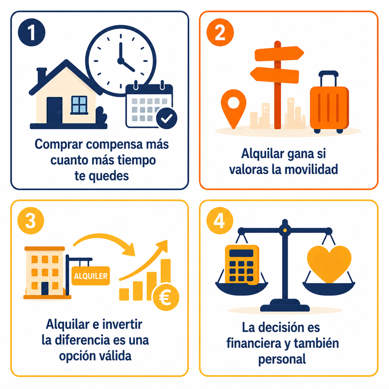 Infografía resumen con las claves para decidir entre alquilar o comprar vivienda