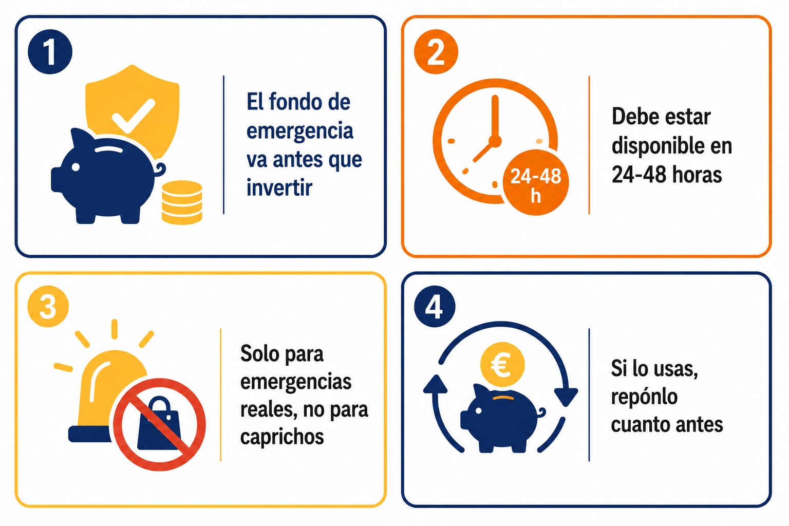 Infografía resumen con los consejos clave para gestionar bien tu fondo de emergencia