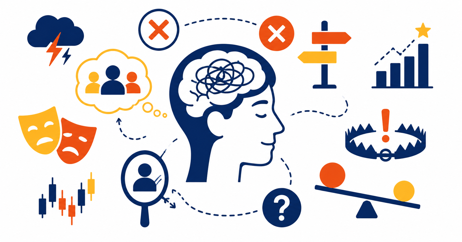Ilustración sobre los sesgos cognitivos en inversión y cómo afectan a la toma de decisiones financieras