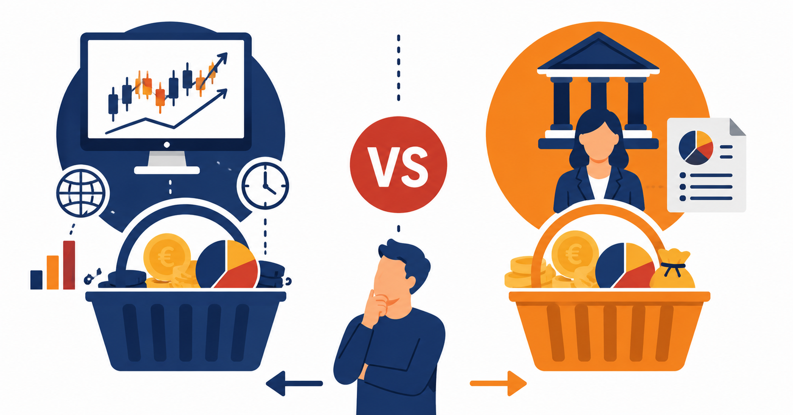 Ilustración comparativa entre ETF vs fondos de inversión como vehículos para invertir