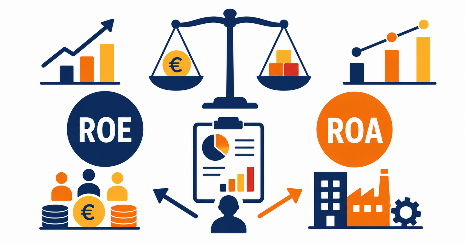 Ilustración sobre el ROE y el ROA como métricas clave de rentabilidad empresarial para inversores