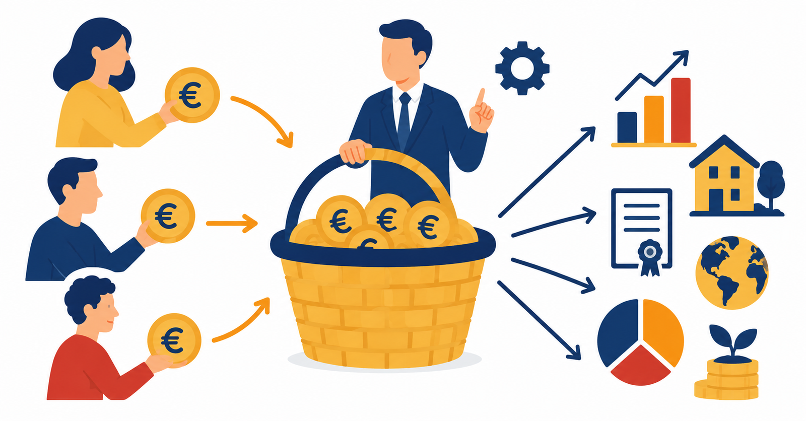 Ilustración sobre qué es un fondo de inversión y cómo funciona la inversión colectiva diversificada