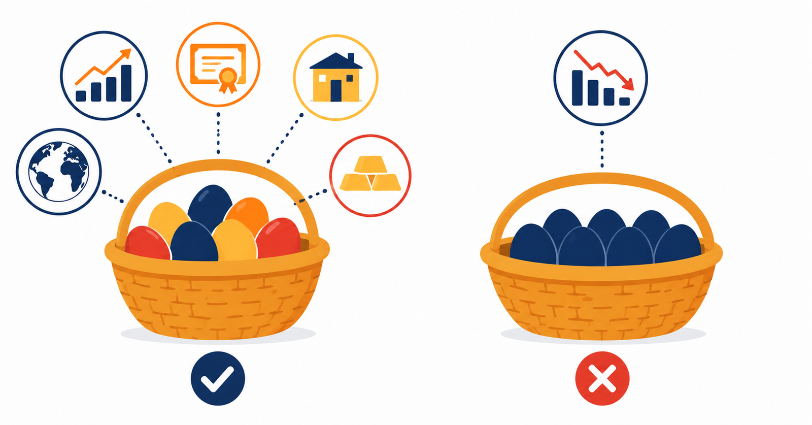 Ilustración sobre qué es la diversificación frente a concentrar el riesgo en una sola inversión