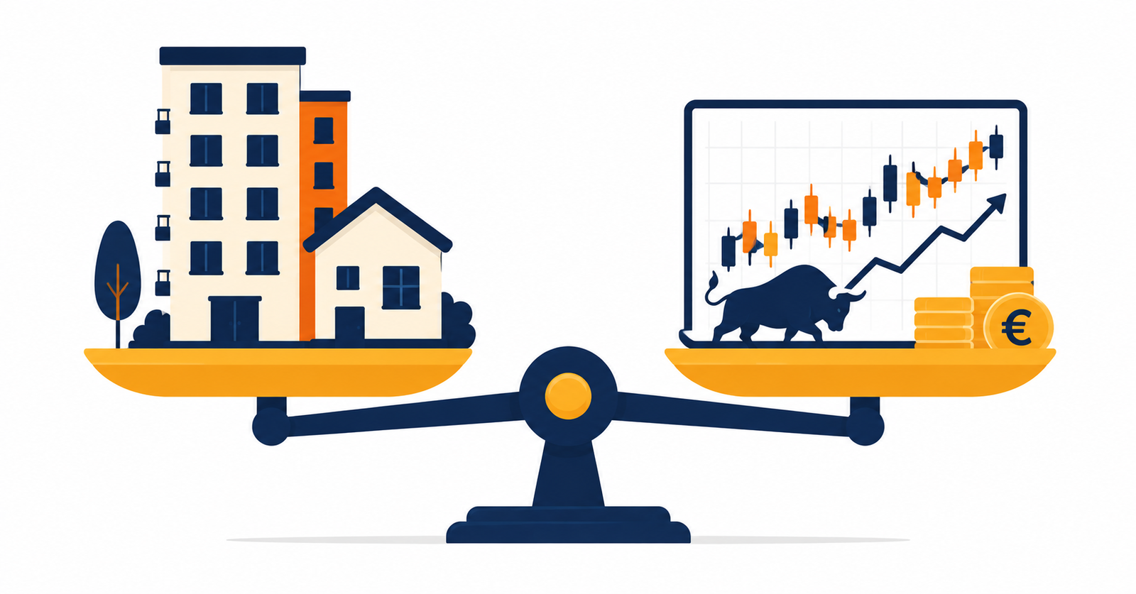Ilustración sobre la comparativa de inmobiliario vs bolsa como opciones de inversión