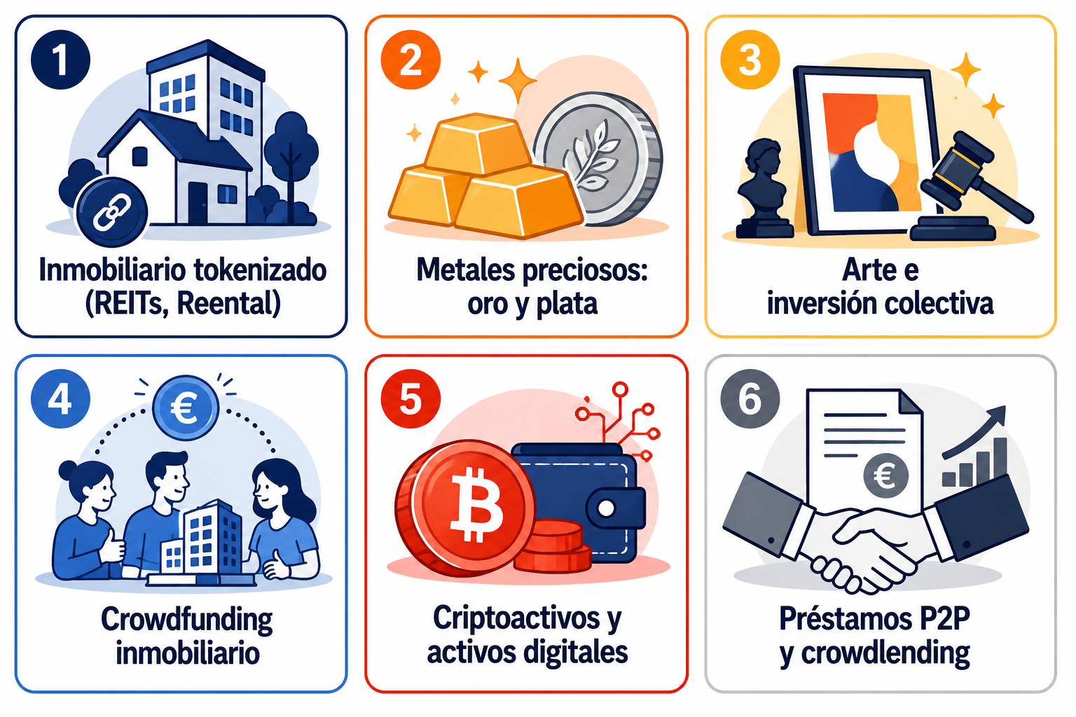 Infografía con los principales tipos de inversión alternativa disponibles en España con poco capital