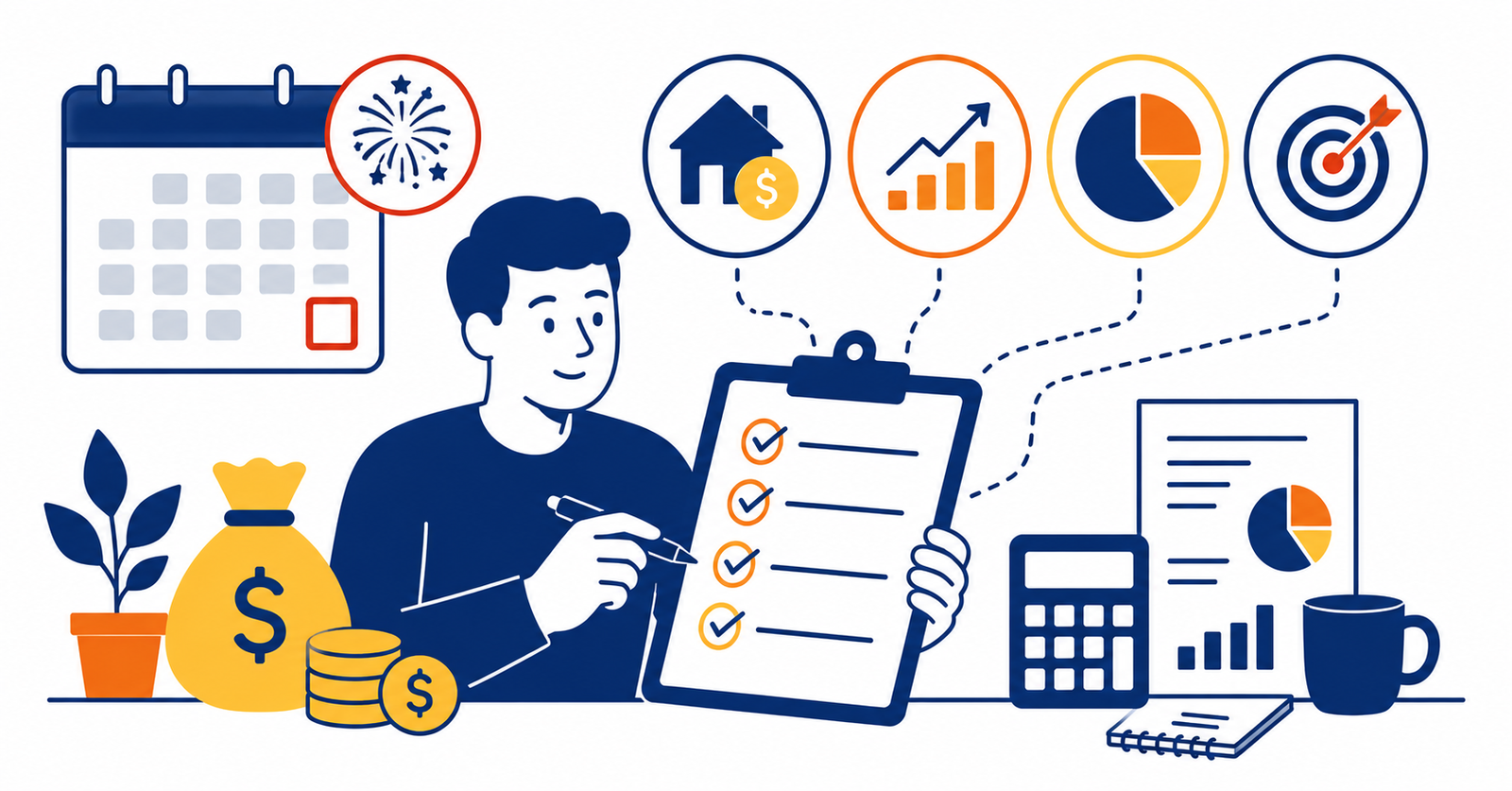 Ilustración sobre cómo hacer la revisión financiera anual y establecer metas para el año siguiente