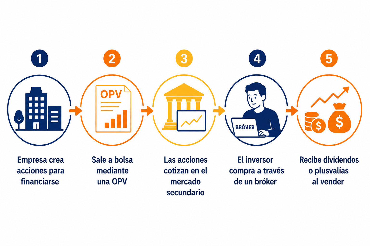 Infografía con el proceso completo de cómo funciona una acción en bolsa en 5 pasos
