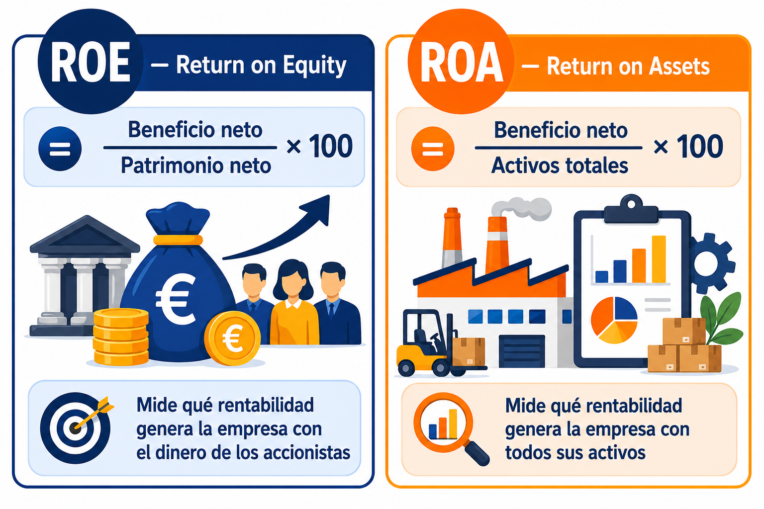 Infografía con las fórmulas del ROE y el ROA y qué mide cada indicador de rentabilidad empresarial