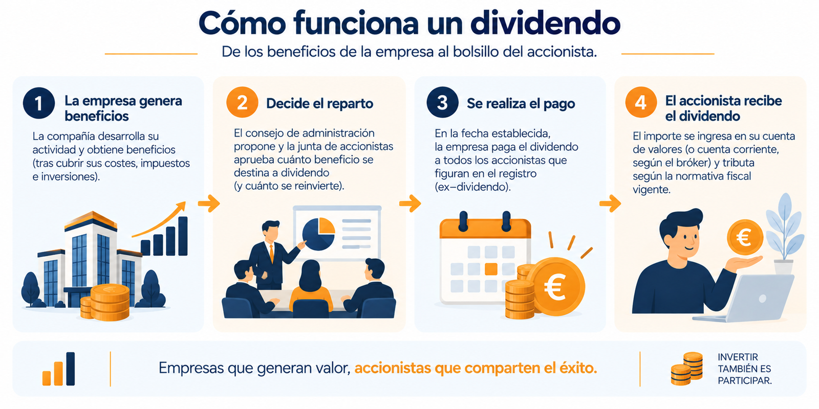 Infografía sobre cómo funciona un dividendo paso a paso