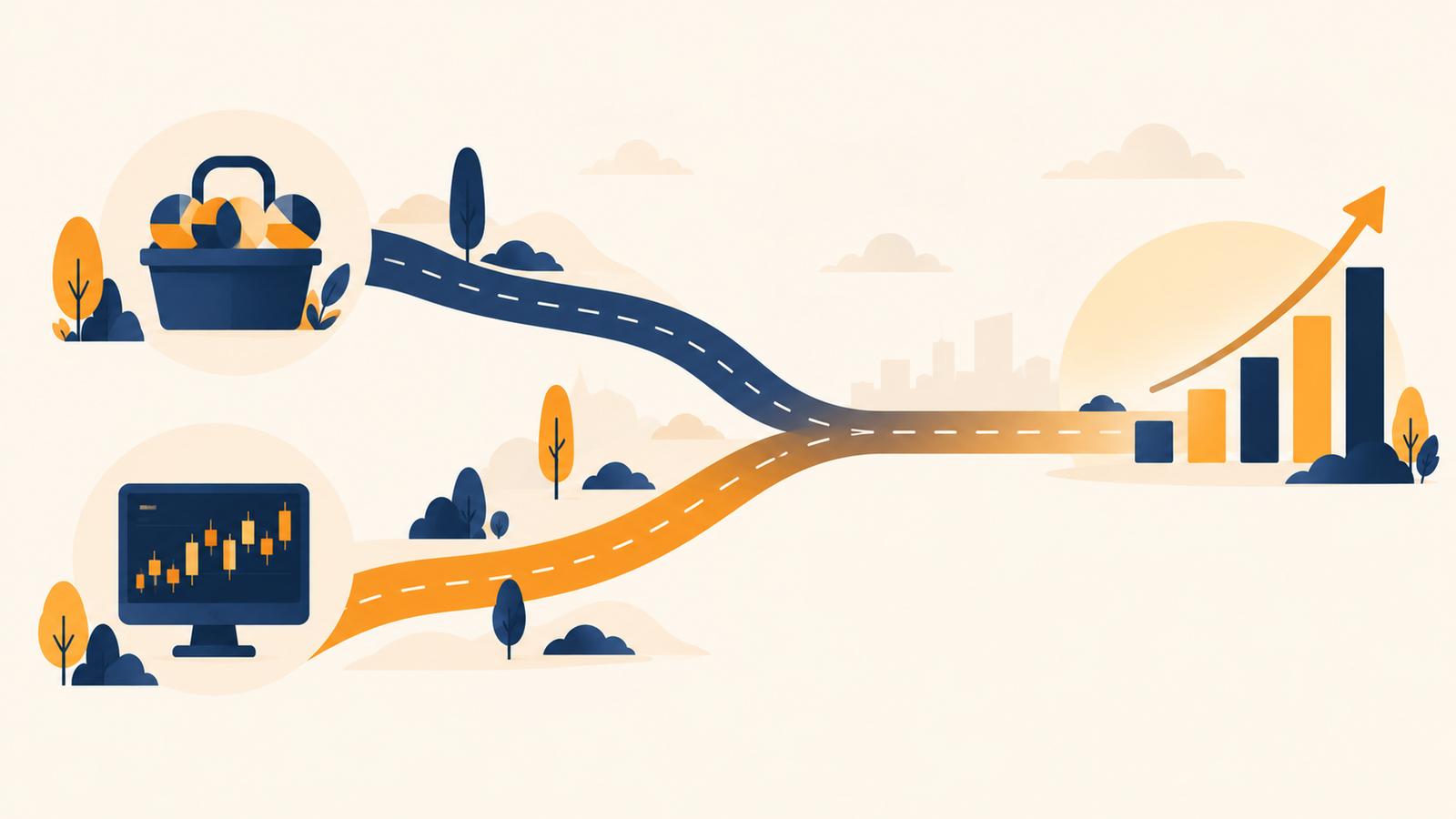 Ilustración sobre elegir entre fondos indexados o ETF como caminos de inversión