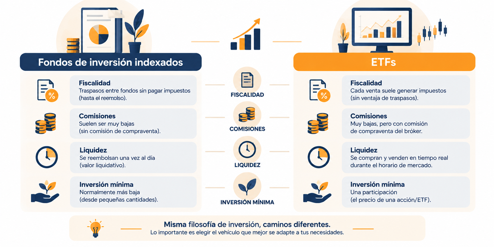 Infografía comparativa entre fondos indexados o ETF en fiscalidad, comisiones y liquidez