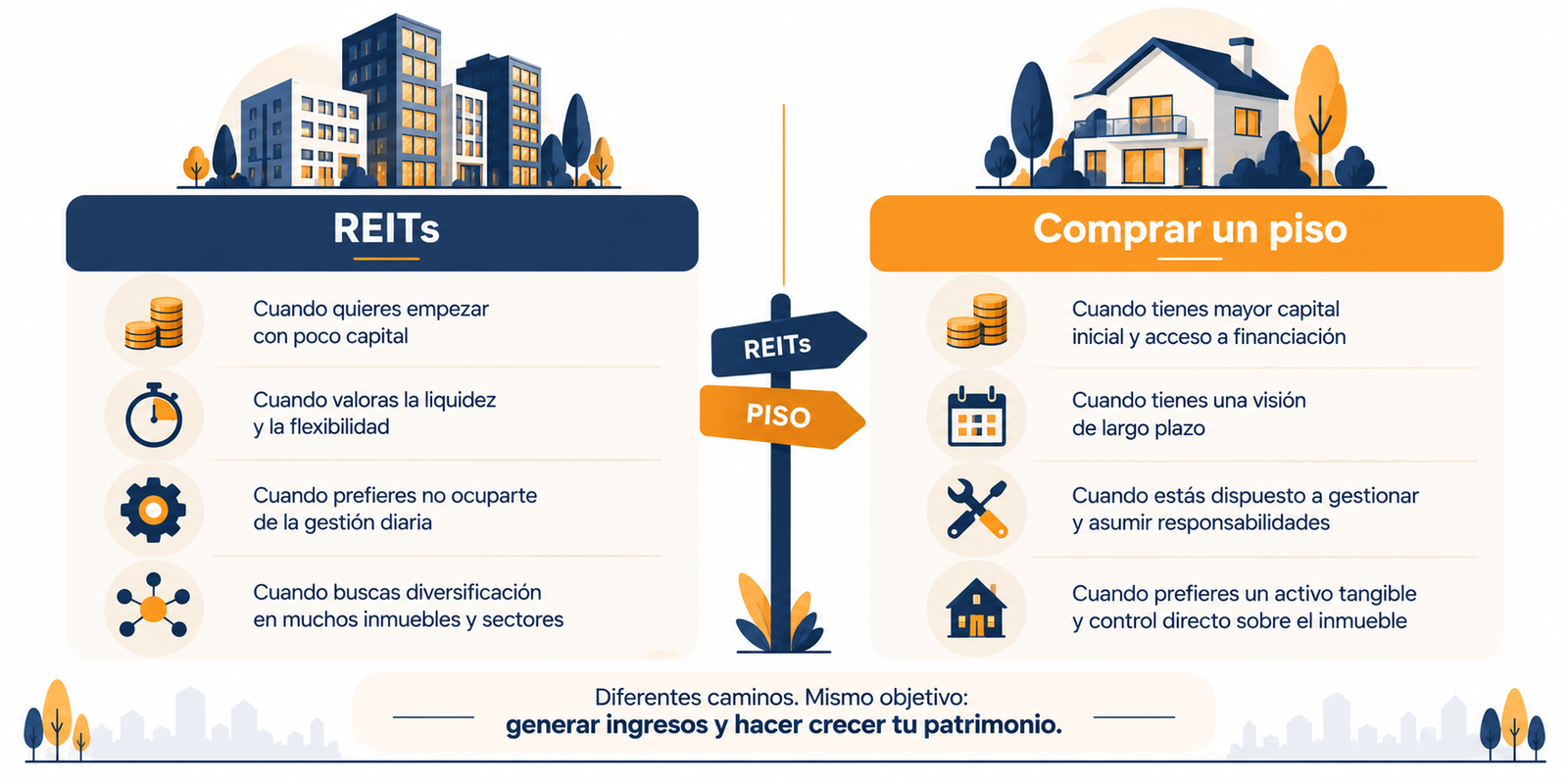 Infografía resumen sobre cuándo elegir REITs vs comprar vivienda